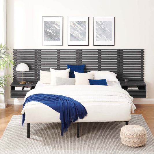 Ventra Wall Mount King Headboard and Modern Nightstands, Charcoal