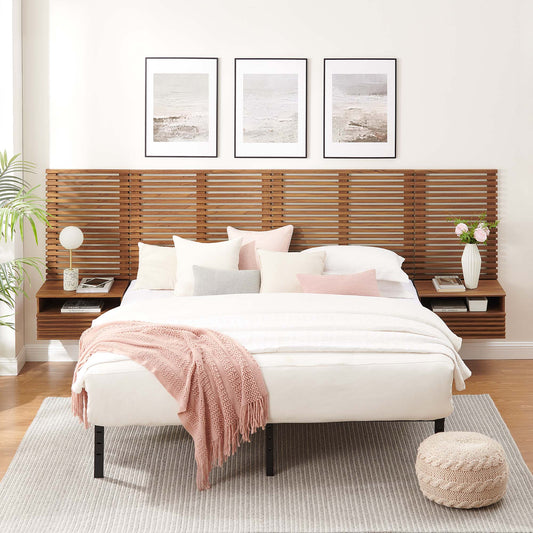 Ventra Wall Mount King Headboard and Modern Nightstands, Walnut