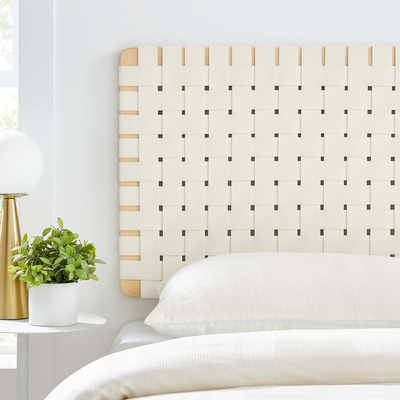 Bravura Floating Strapped Twin Headboard, Natural Wood & Beige