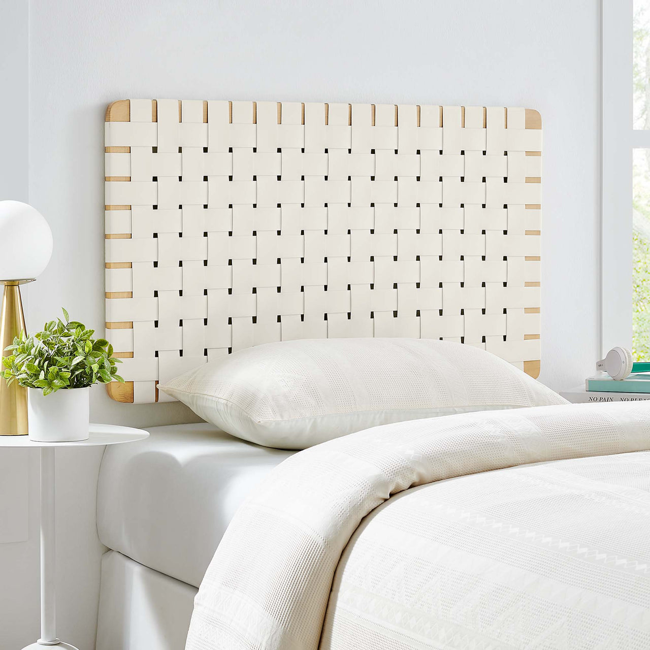 Bravura Floating Strapped Twin Headboard, Natural Wood & Beige