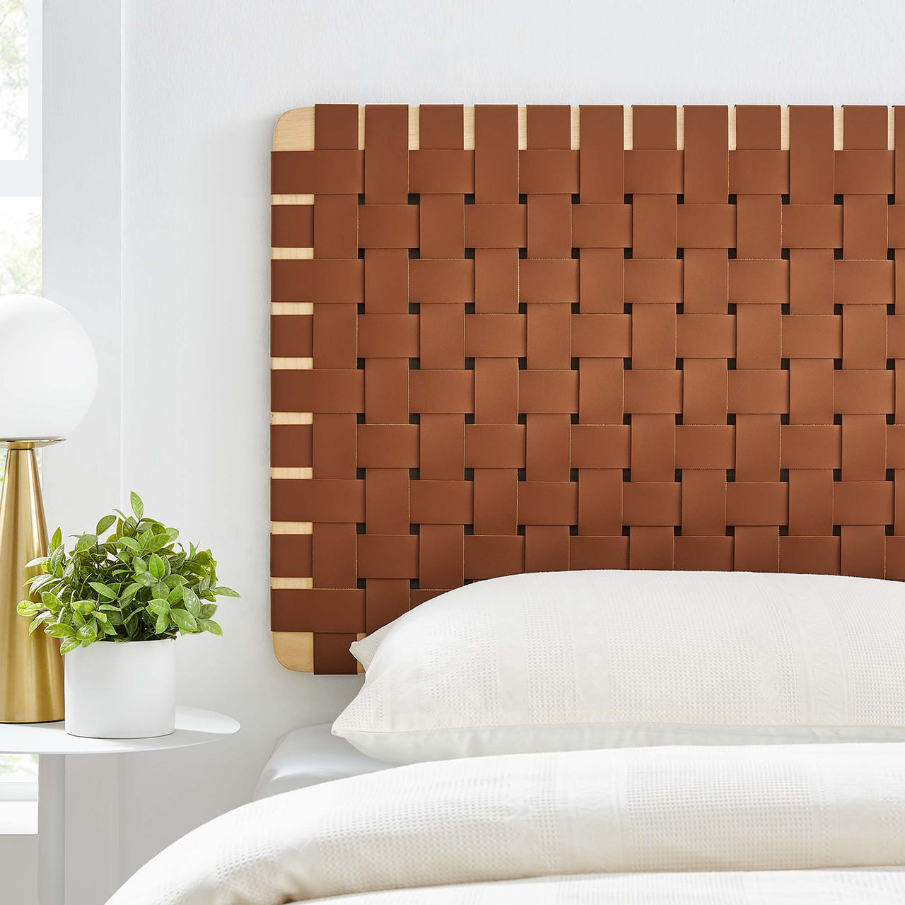 Bravura Floating Strapped Twin Headboard, Natural Wood & Brown