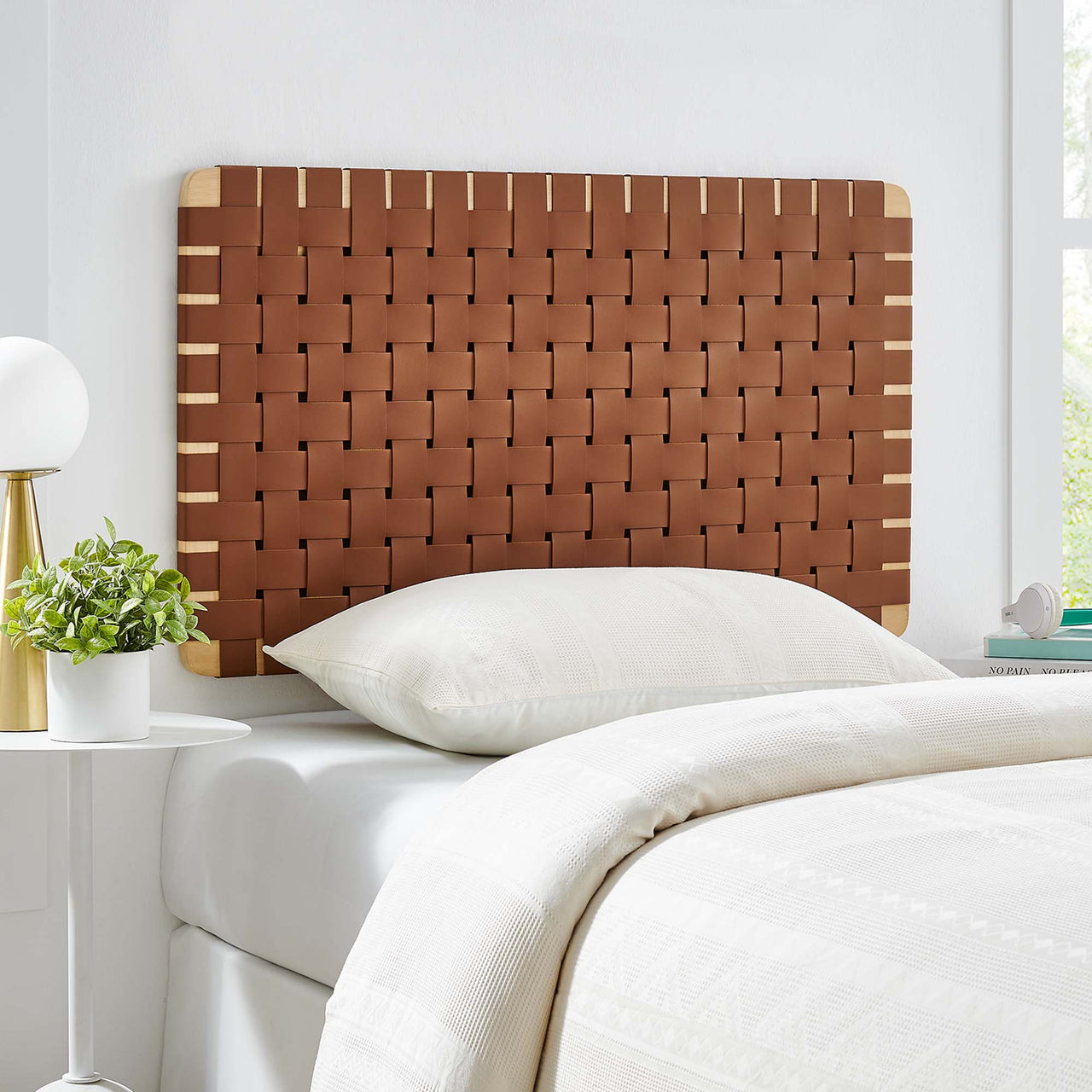 Bravura Floating Strapped Twin Headboard, Natural Wood & Brown