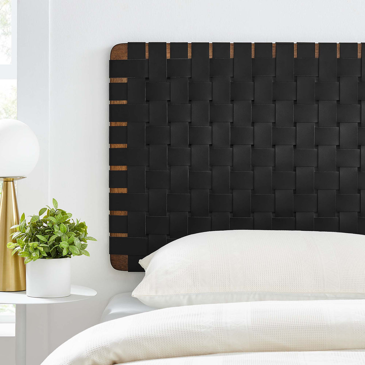 Bravura Floating Strapped Twin Headboard, Walnut & Black