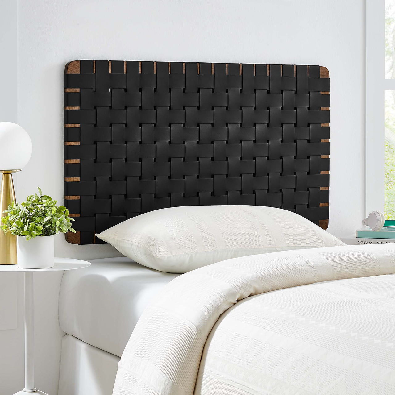 Bravura Floating Strapped Twin Headboard, Walnut & Black