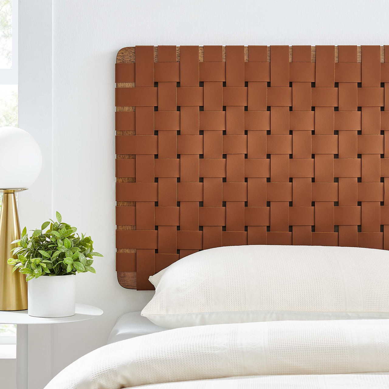 Bravura Floating Strapped Twin Headboard, Walnut & Brown