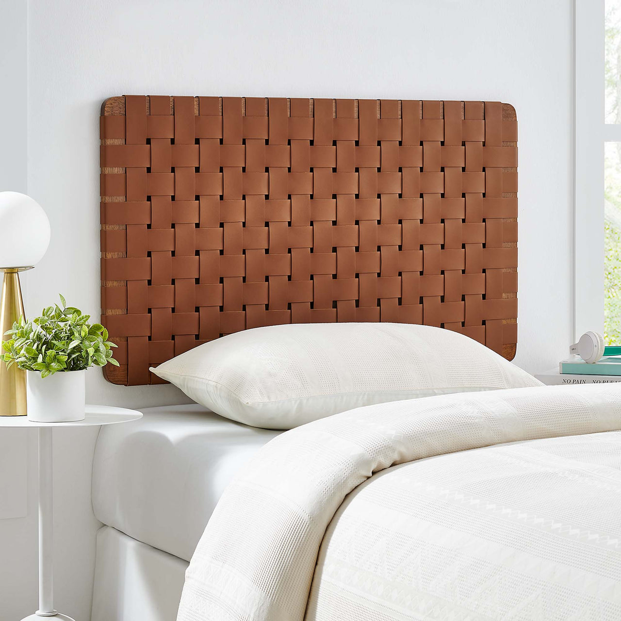 Bravura Floating Strapped Twin Headboard, Walnut & Brown