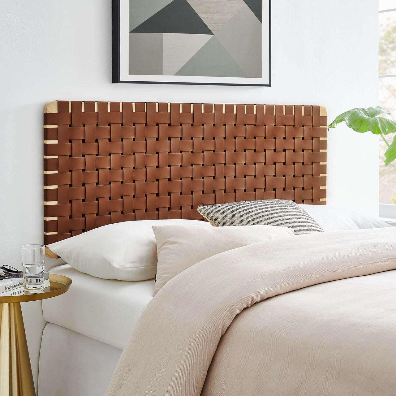 Bravura Strapped Full Headboard, Natural Wood & Brown