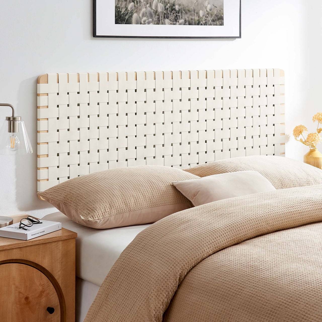 Bravura Floating Strapped Queen Headboard, Natural Wood & Beige