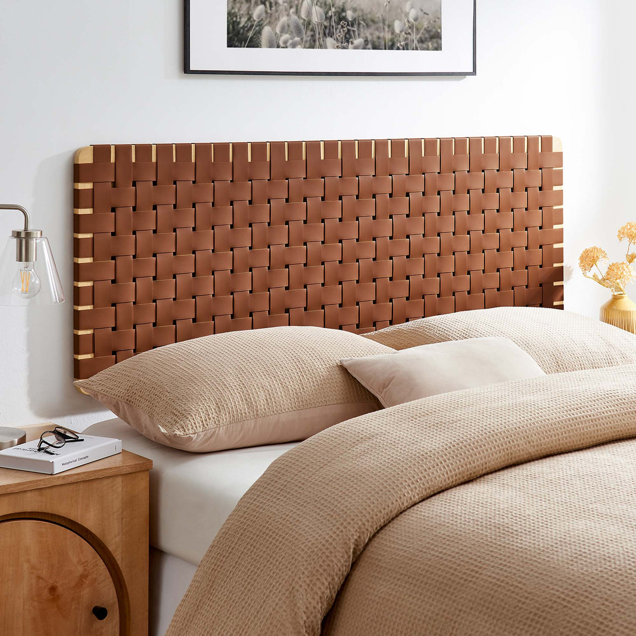 Bravura Floating Strapped Queen Headboard, Natural Wood & Brown