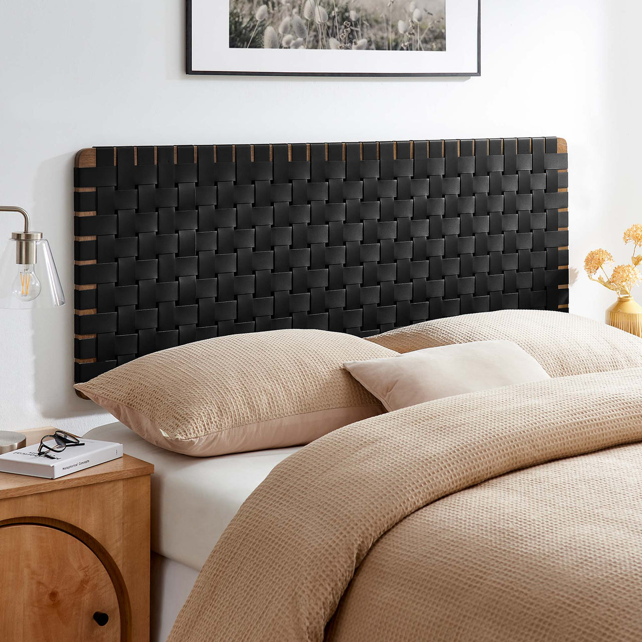 Bravura Floating Strapped Queen Headboard, Walnut & Black