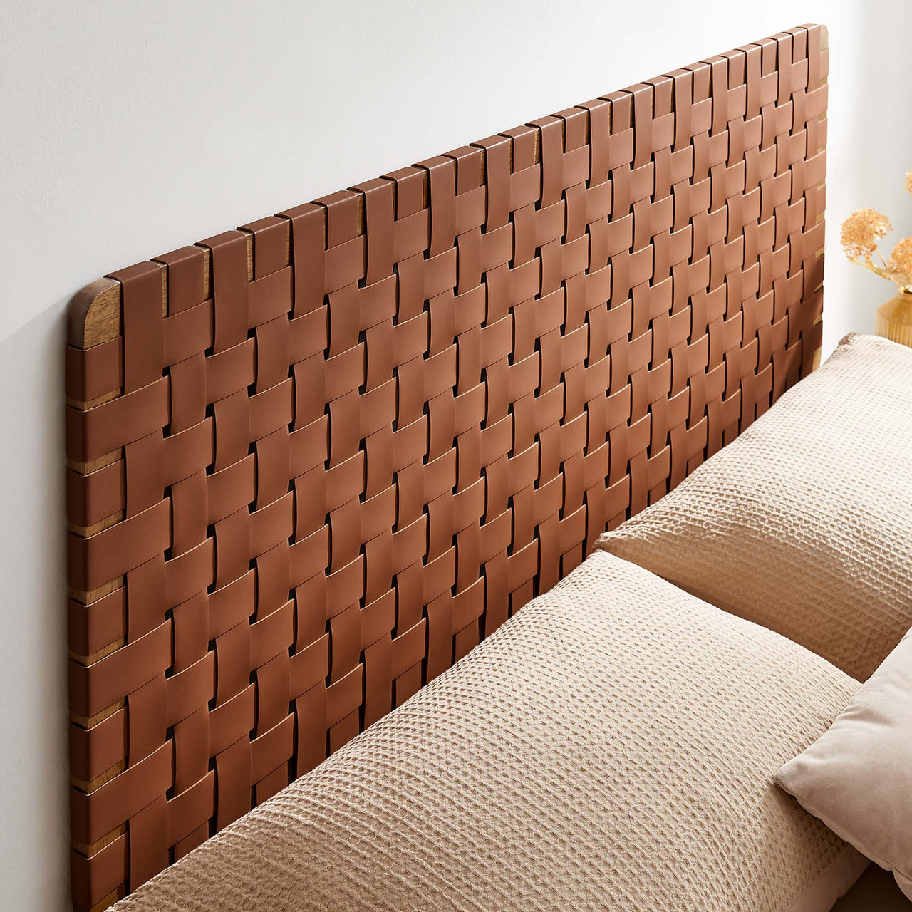 Bravura Floating Strapped Queen Headboard, Walnut & Brown