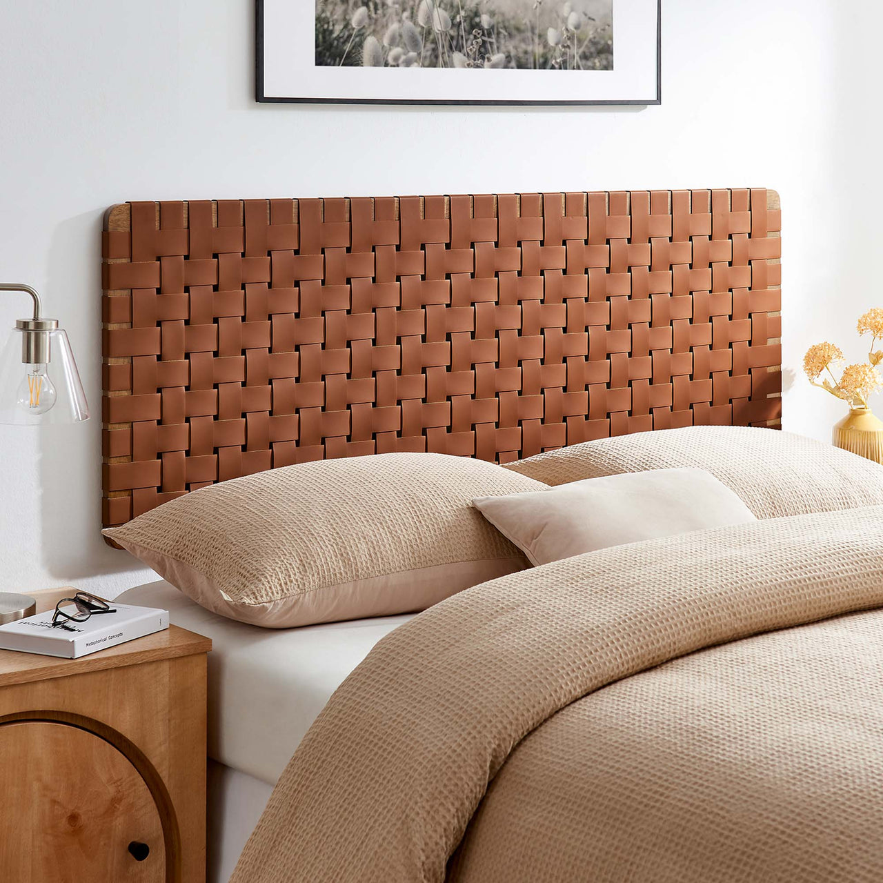 Bravura Floating Strapped Queen Headboard, Walnut & Brown