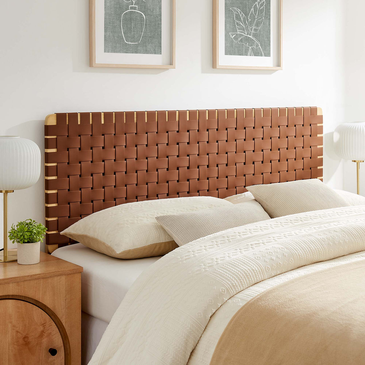 Bravura Strapped Queen Headboard, Natural Wood & Brown
