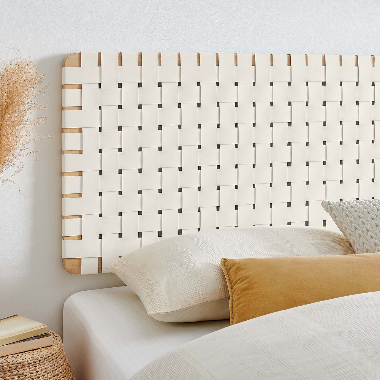 Bravura Floating Strapped King Headboard, Natural Wood & Beige