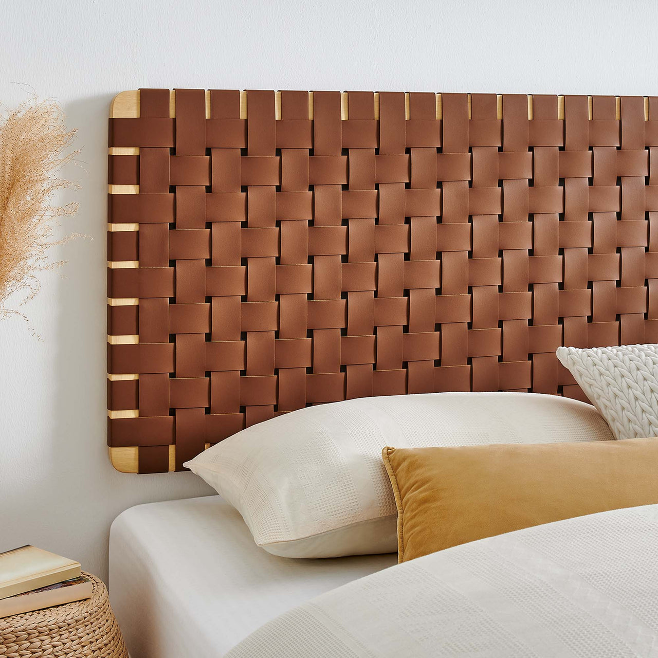 Bravura Floating Strapped King Headboard, Natural Wood & Brown