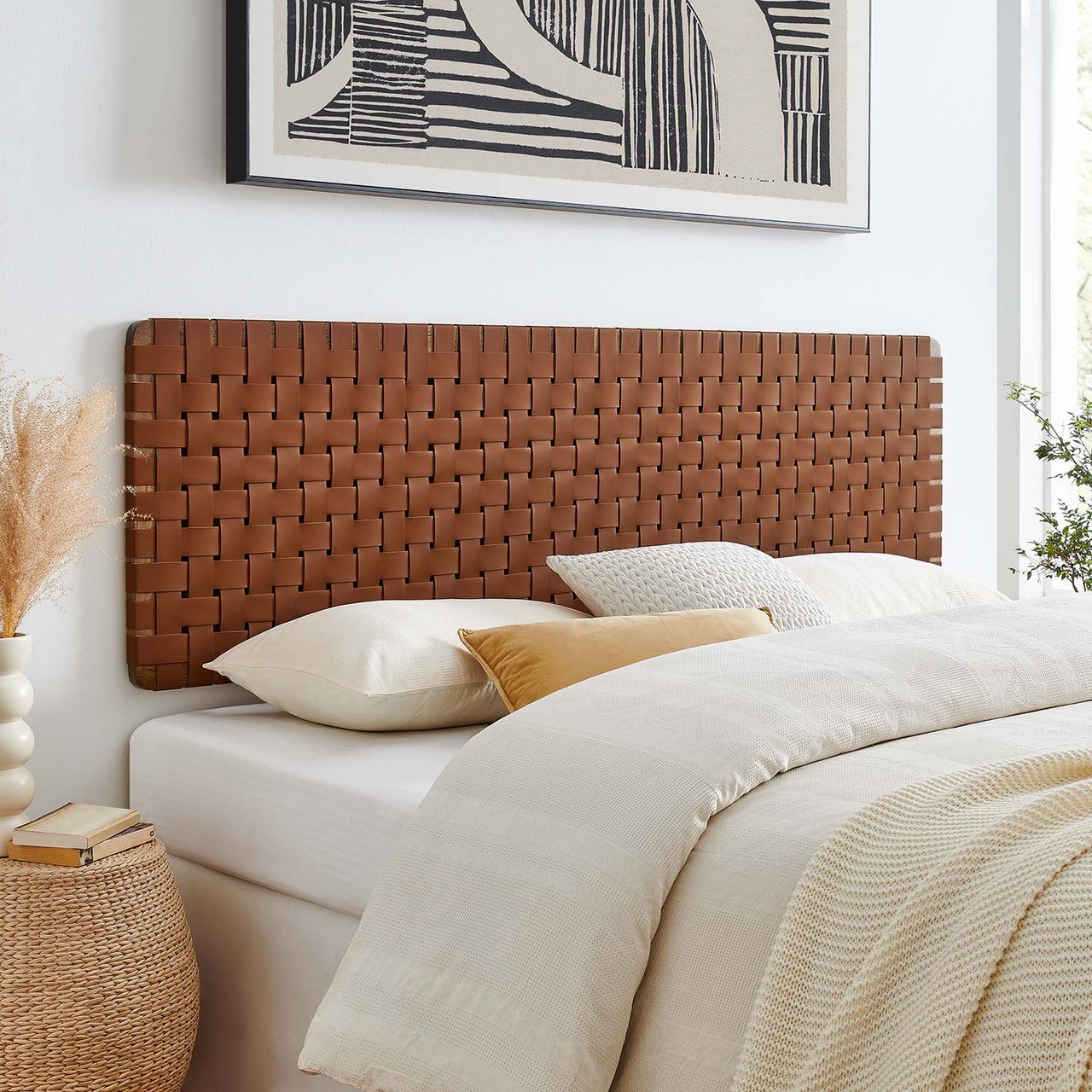 Bravura Floating Strapped King Headboard, Walnut & Brown