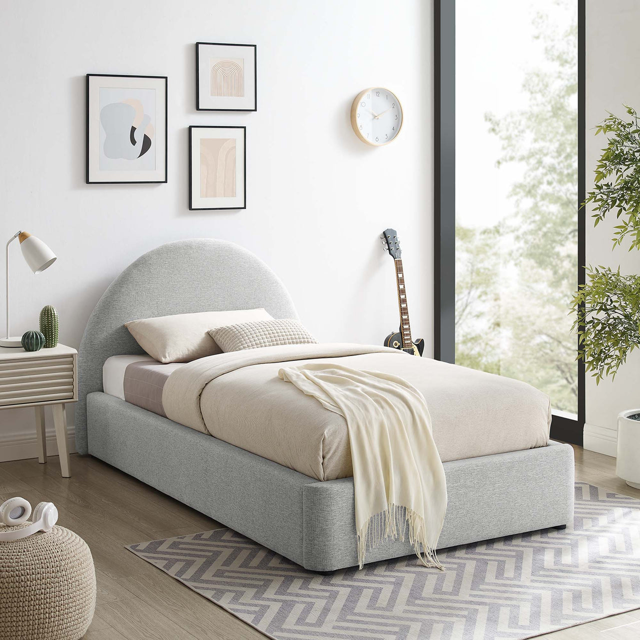Moonrise Fabric Twin Platform Bed, Light Gray