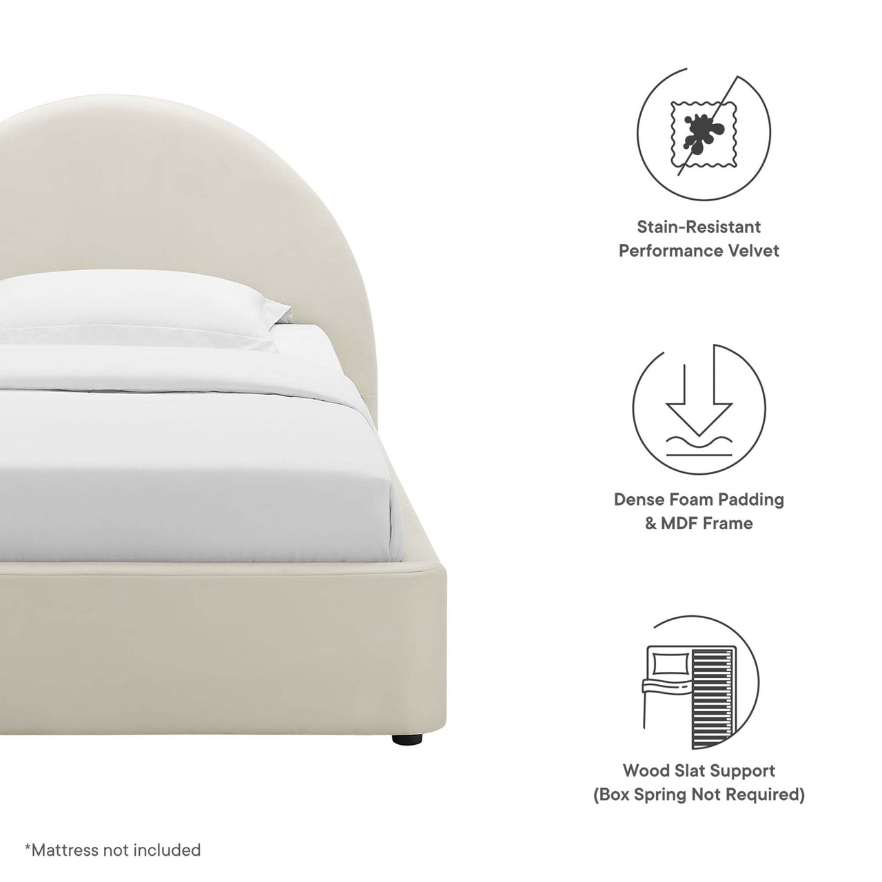 Moonrise Upholstered Velvet Twin Platform Bed, Chalk