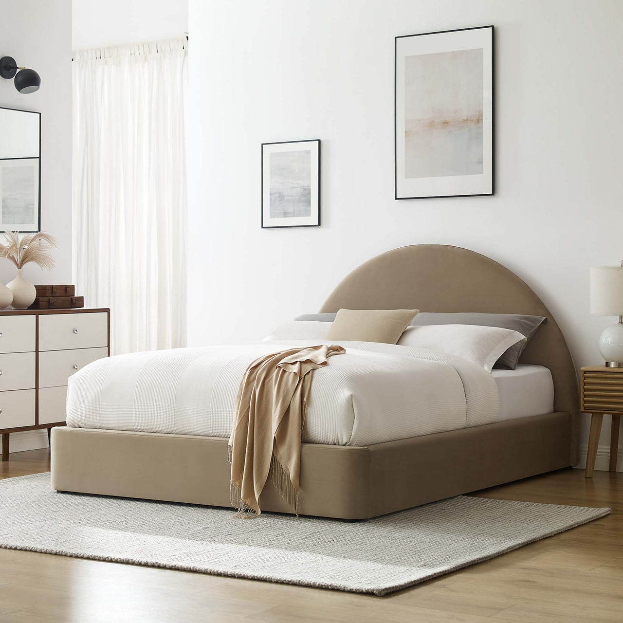 Moonrise Upholstered Velvet Queen Platform Bed, Taupe