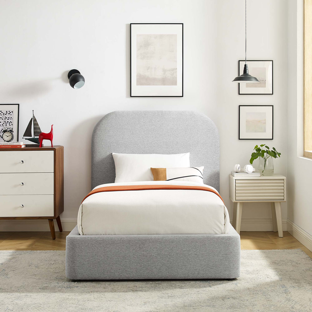 Clyra Textured Fabric Twin Platform Bed, Light Gray