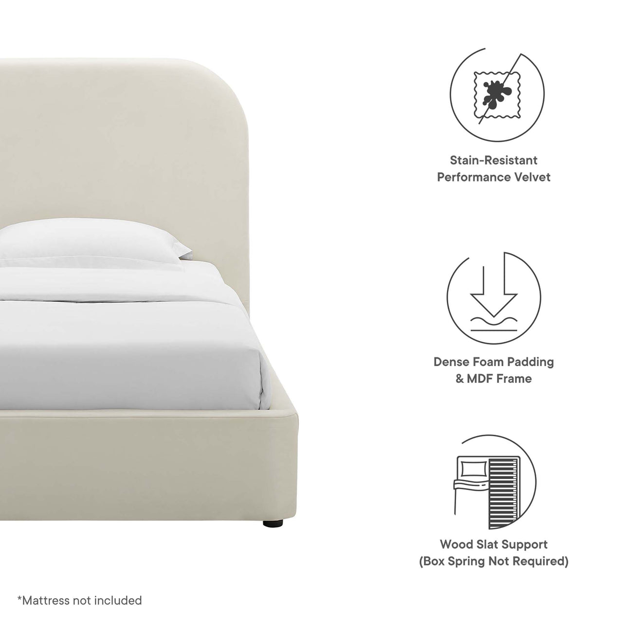 Clyra Upholstered Velvet Twin Platform Bed, Chalk