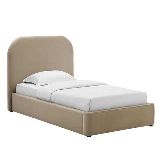Clyra Upholstered Velvet Twin Platform Bed, Taupe