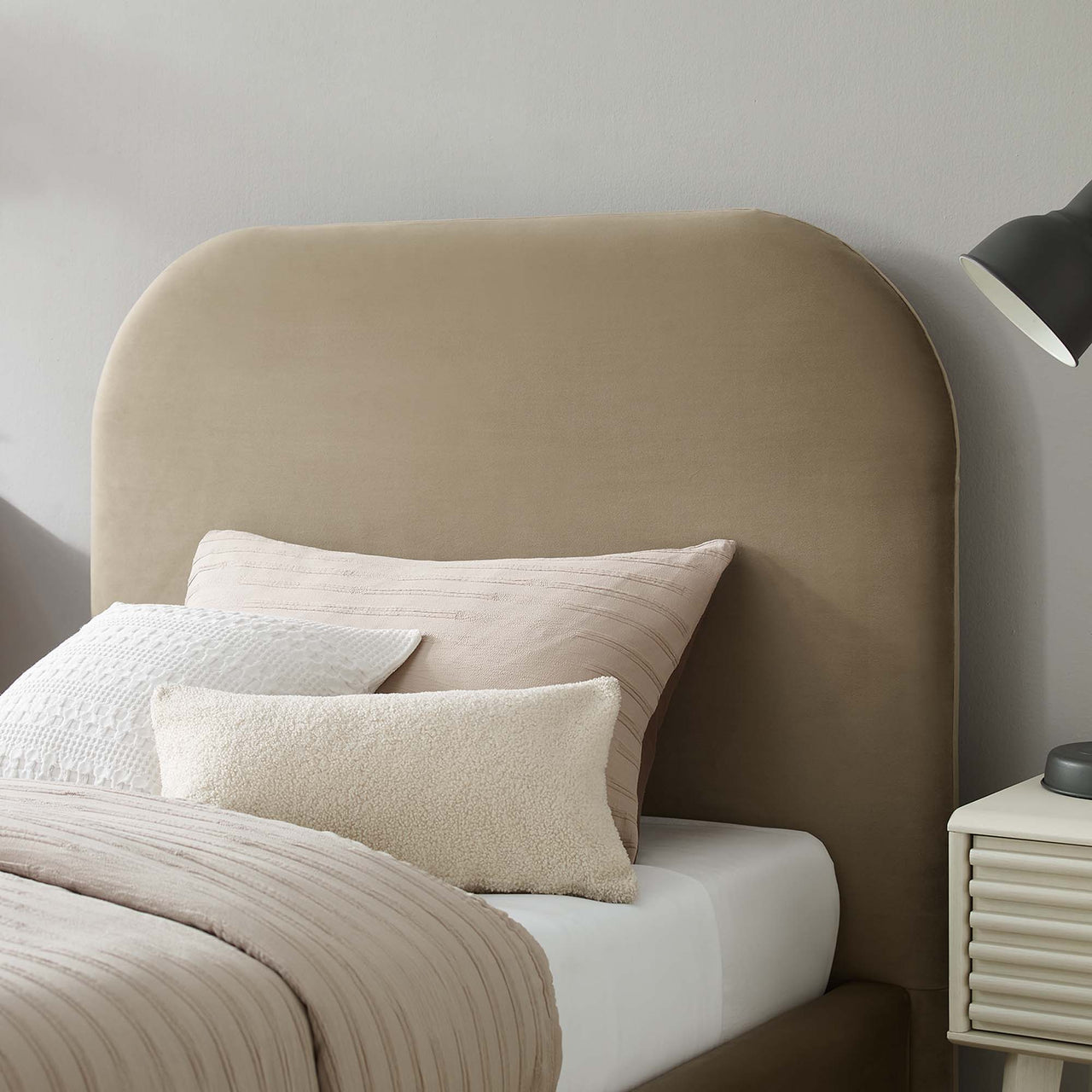 Clyra Upholstered Velvet Twin Platform Bed, Taupe