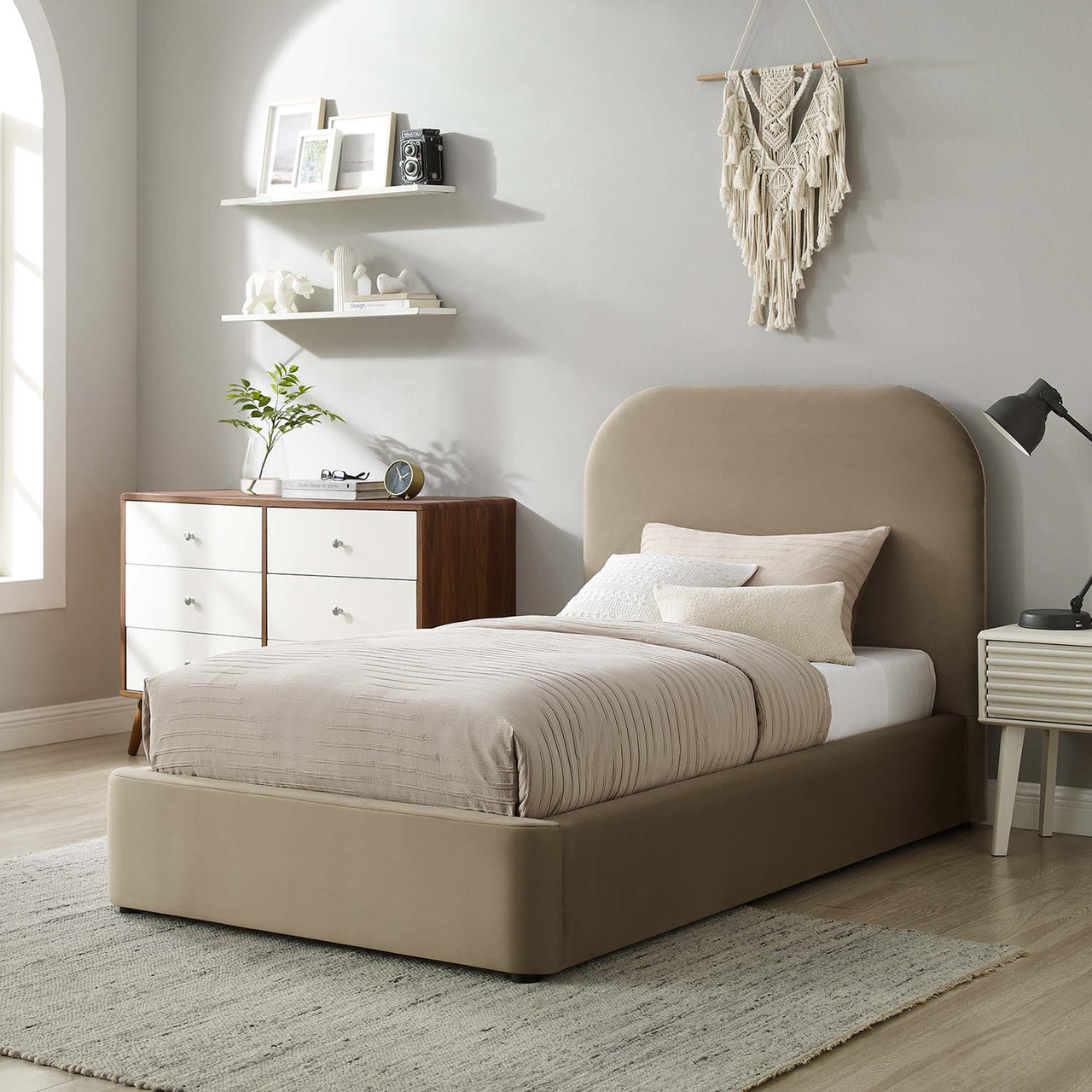 Clyra Upholstered Velvet Twin Platform Bed, Taupe