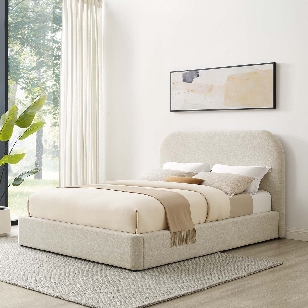 Clyra Textured Fabric Queen Platform Bed, Ivory