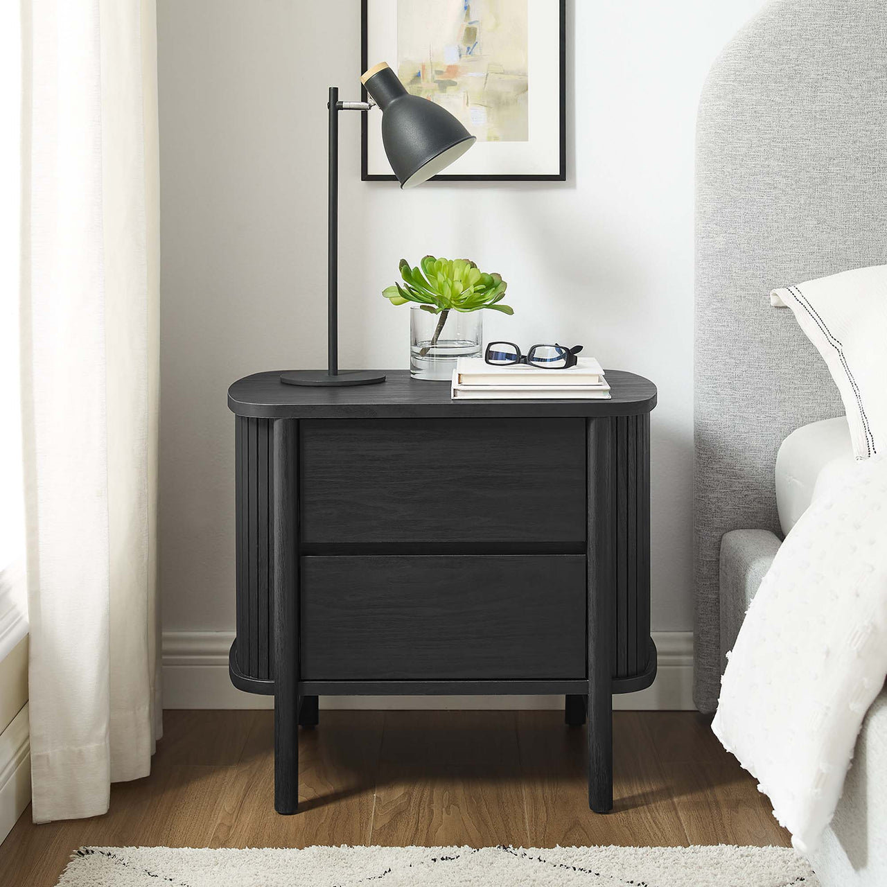 Callan Fluted Nightstand with Drawers, Black