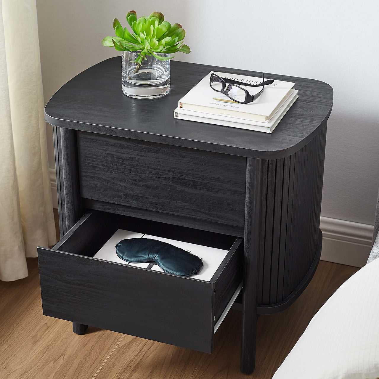 Callan Fluted Nightstand with Drawers, Black