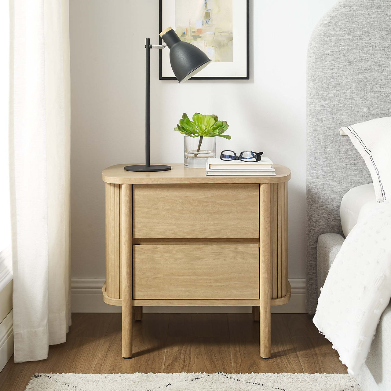 Callan Fluted Nightstand with Drawers, Oak