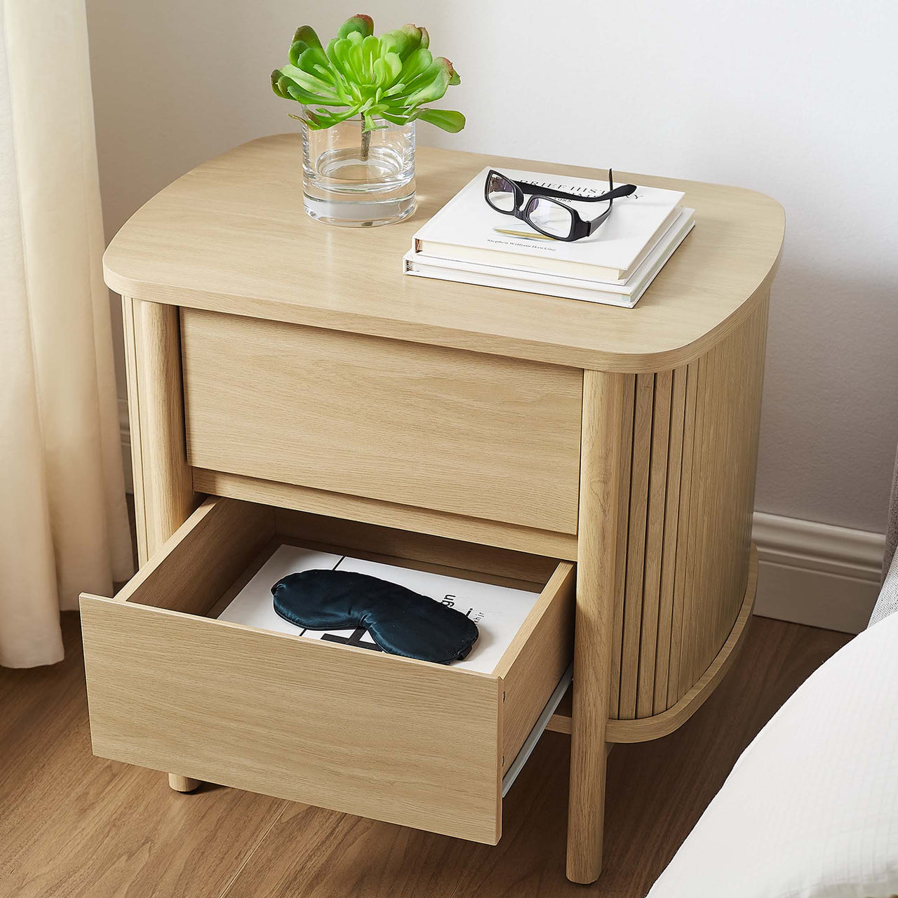 Callan Fluted Nightstand with Drawers, Oak