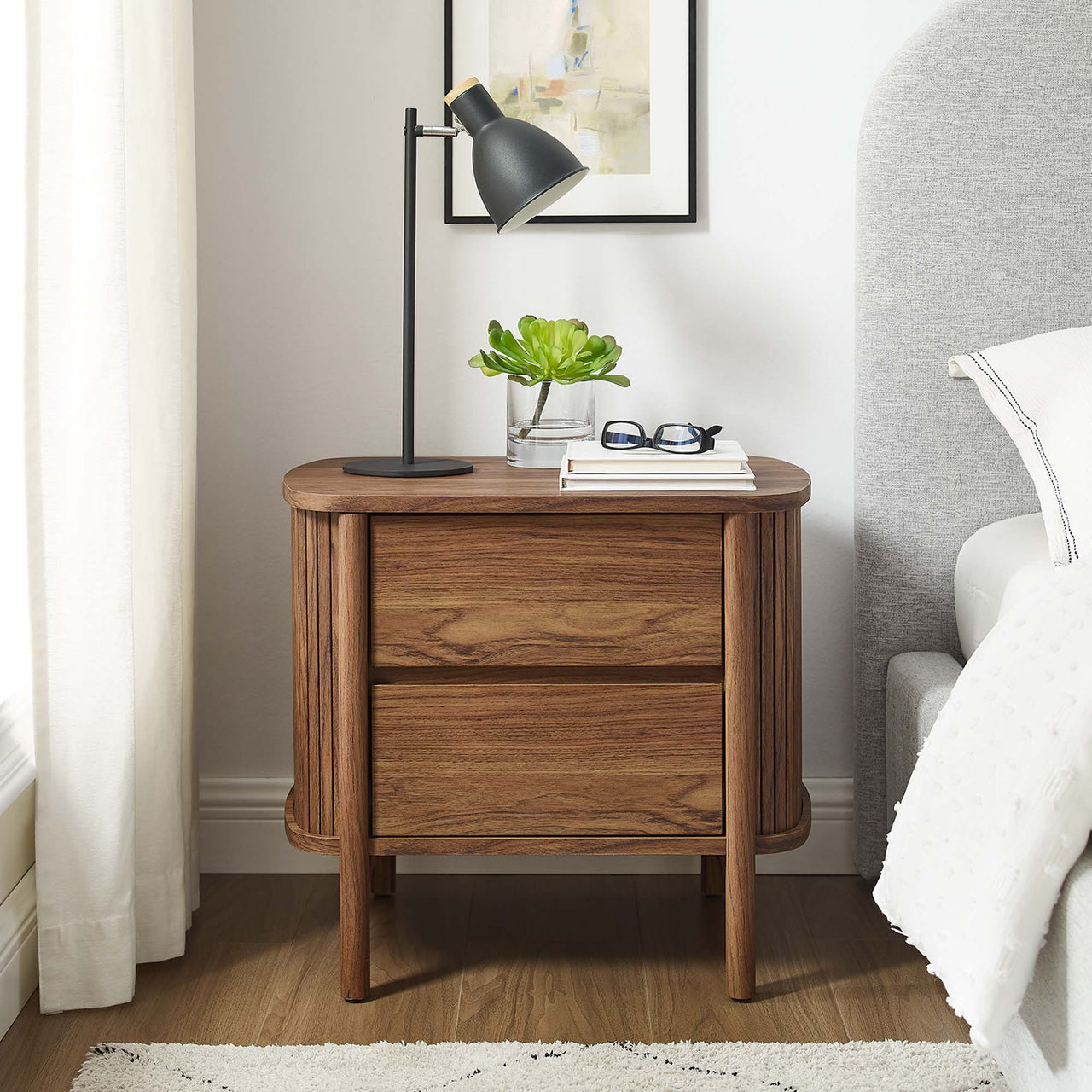 Callan Fluted Nightstand with Drawers, Walnut