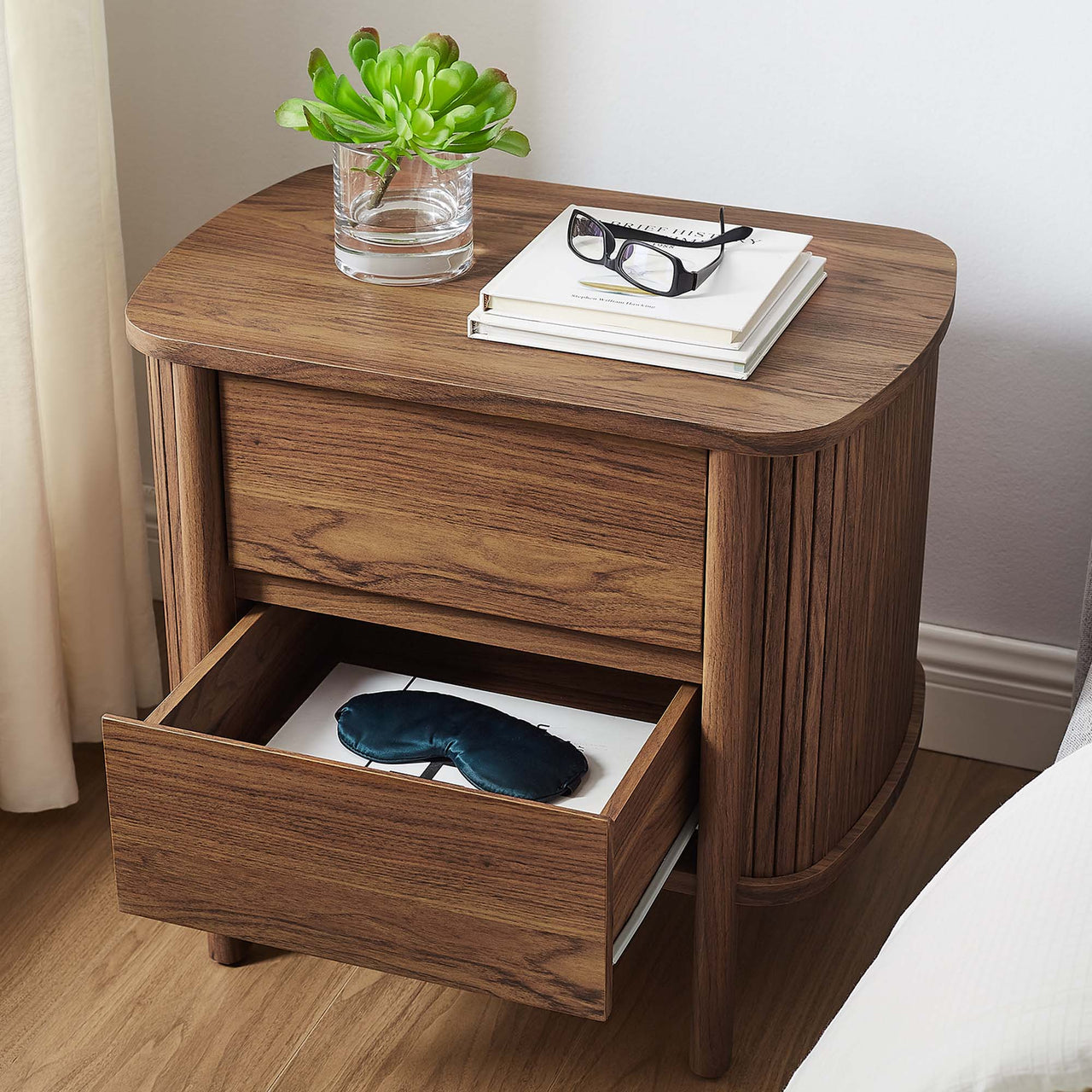Callan Fluted Nightstand with Drawers, Walnut