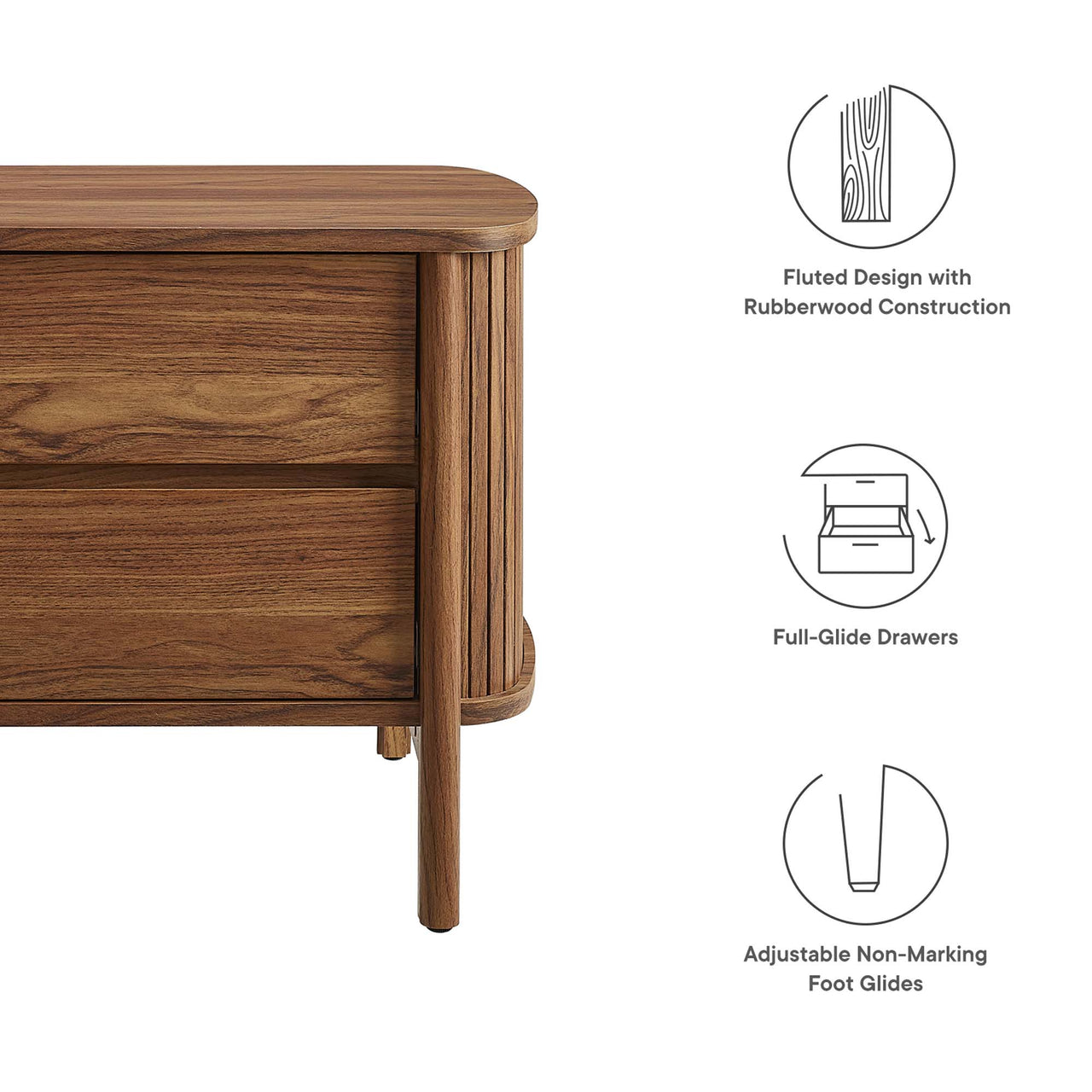 Callan Fluted Nightstand with Drawers, Walnut