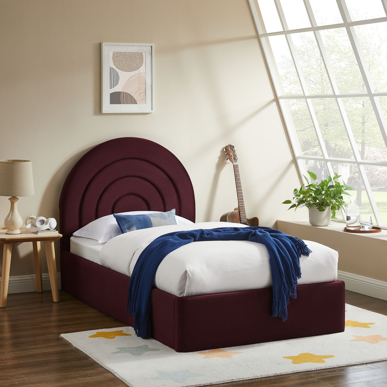 Firmament Upholstered Velvet Twin Platform Bed, Wine