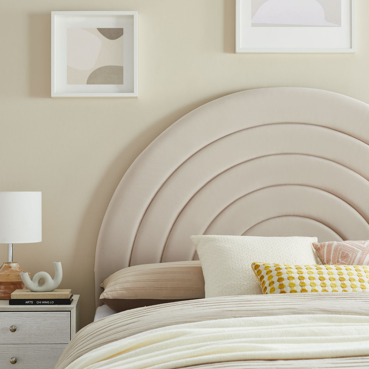 Solana Arched Performance Velvet Queen Headboard, Almond