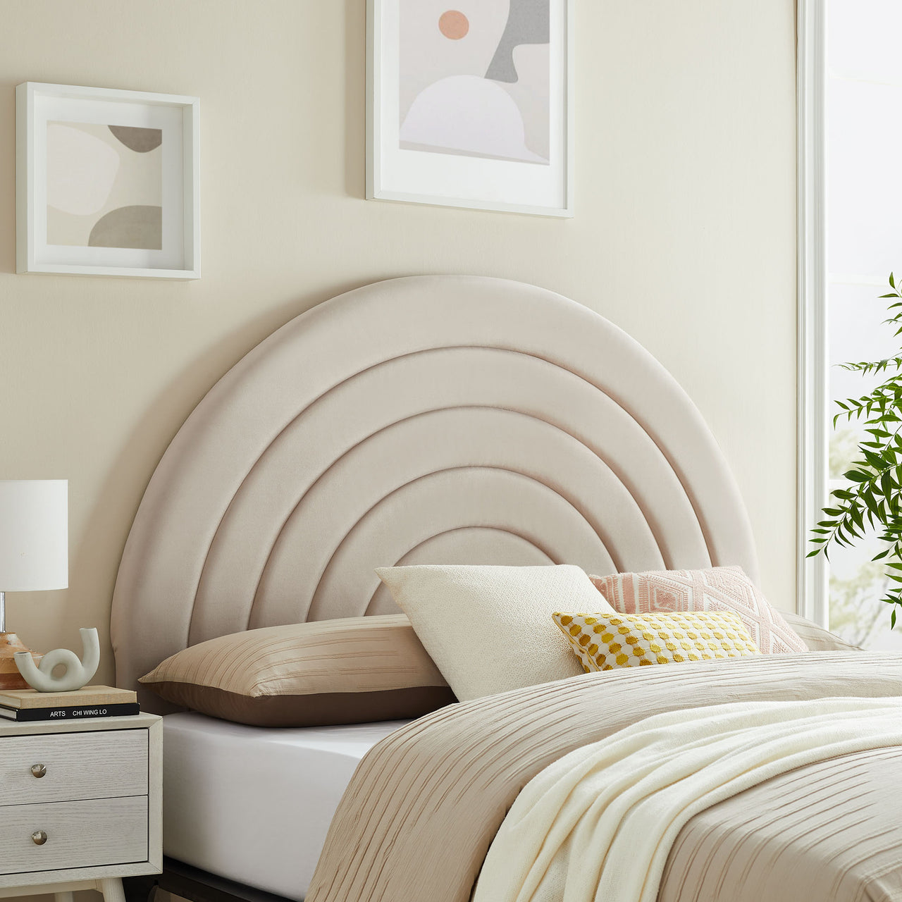 Solana Arched Performance Velvet Queen Headboard, Almond