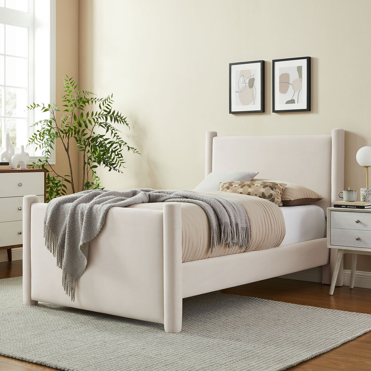Rafael Upholstered Velvet Twin Platform Bed, Chalk