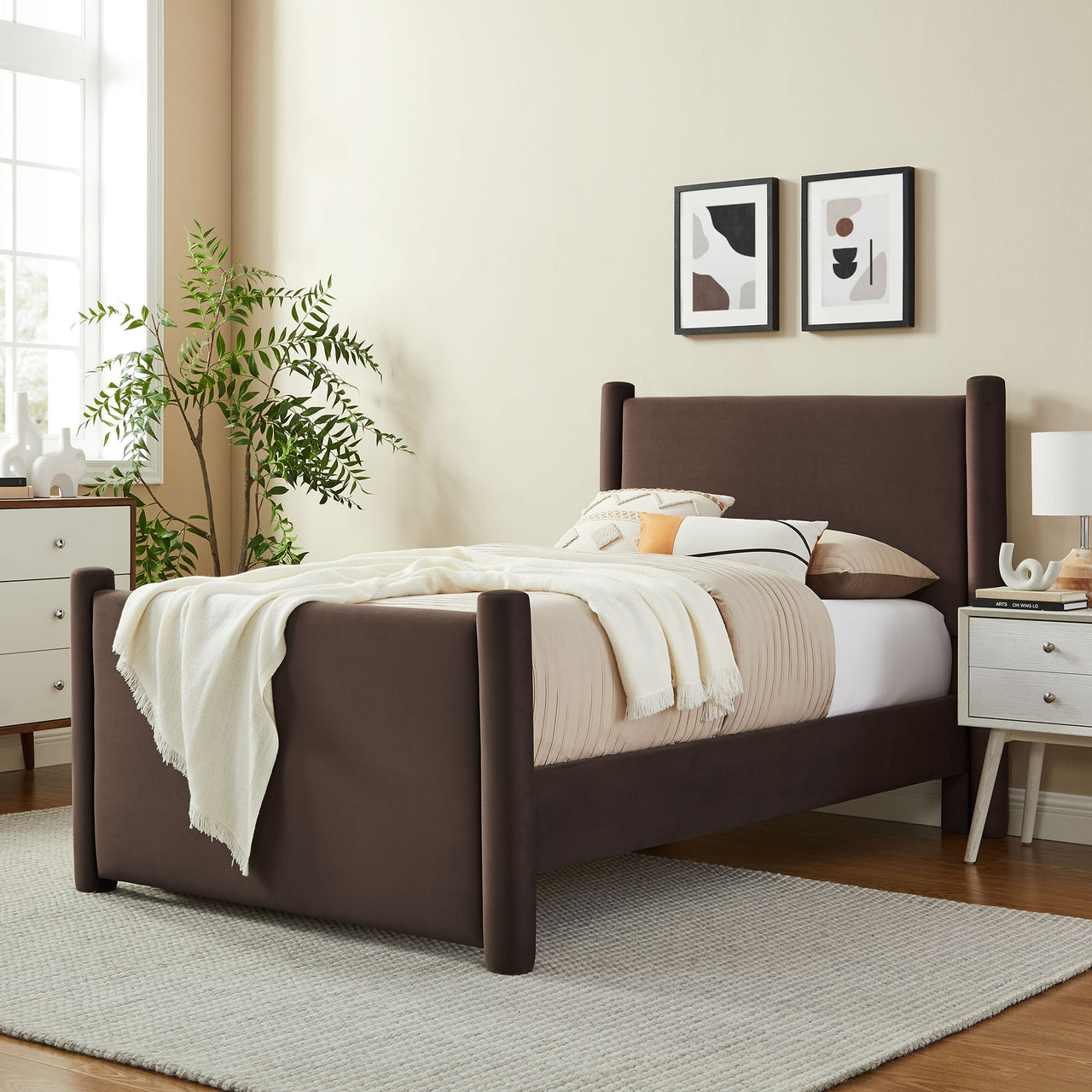 Rafael Upholstered Velvet Twin Platform Bed, Chocolate Brown