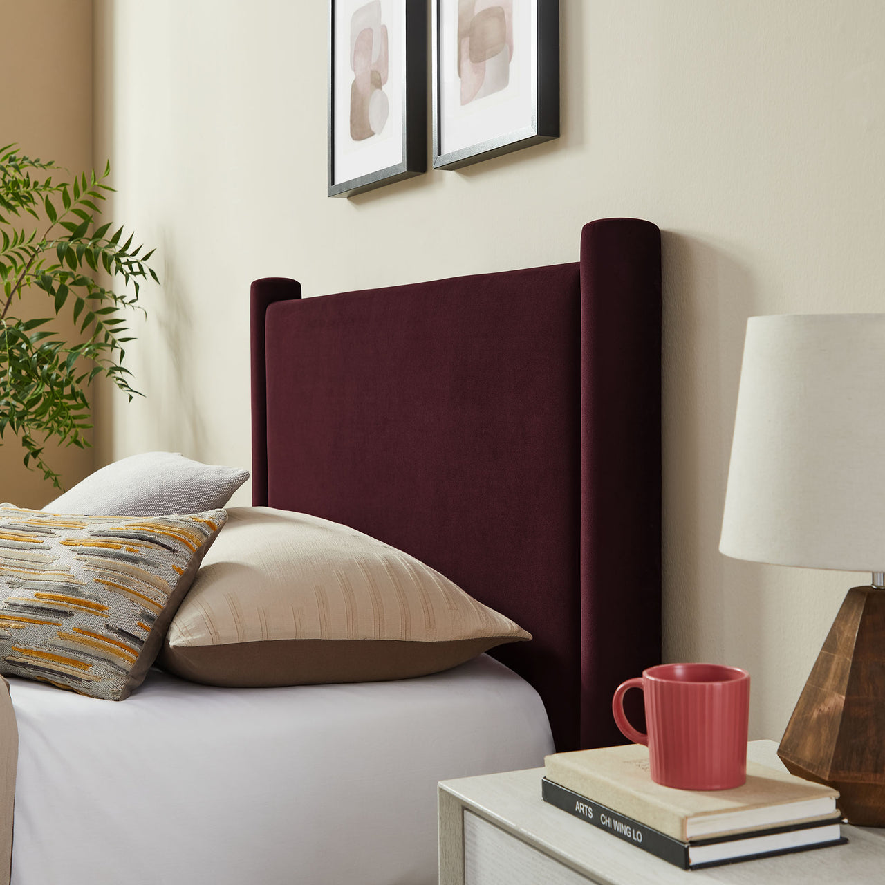 Rafael Upholstered Velvet Twin Platform Bed, Wine