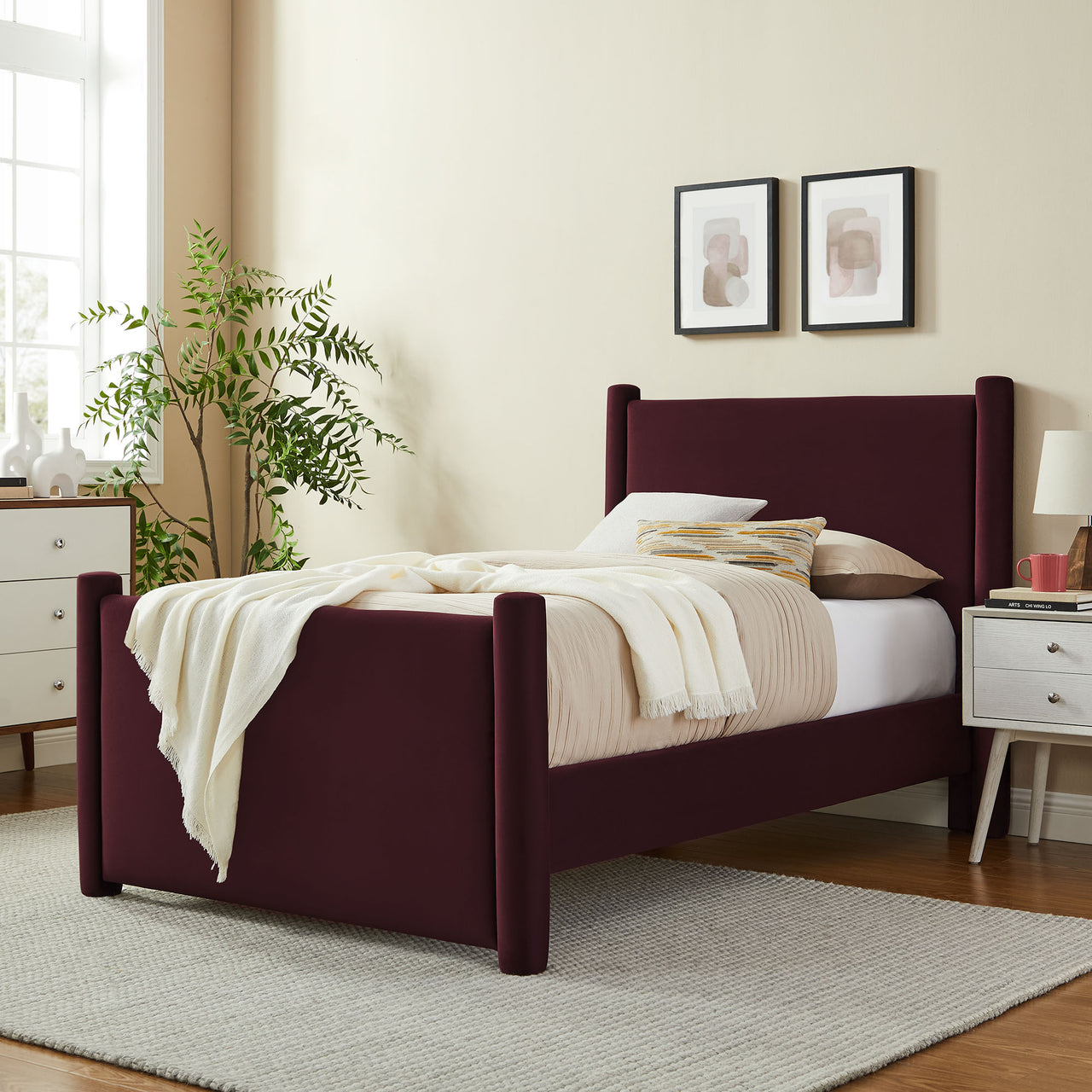 Rafael Upholstered Velvet Twin Platform Bed, Wine