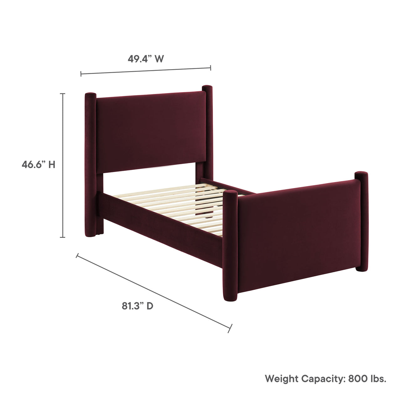 Rafael Upholstered Velvet Twin Platform Bed, Wine