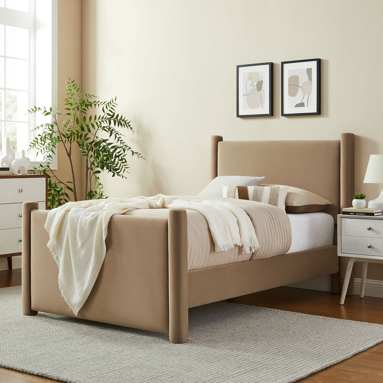 Rafael Upholstered Velvet Twin Platform Bed, Taupe