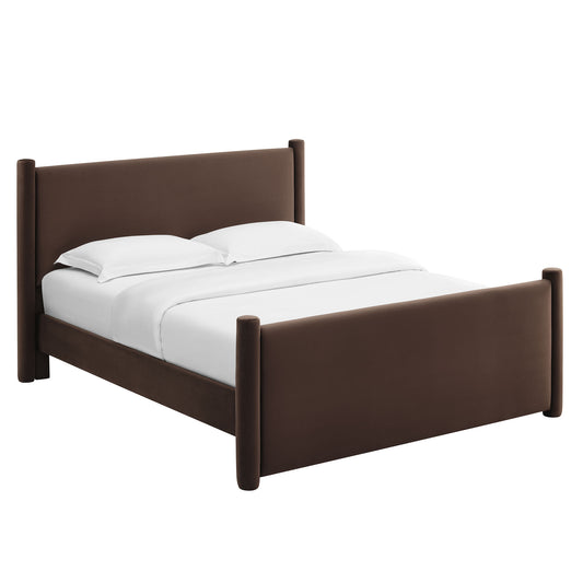 Rafael Upholstered Velvet Queen Platform Bed, Chocolate Brown