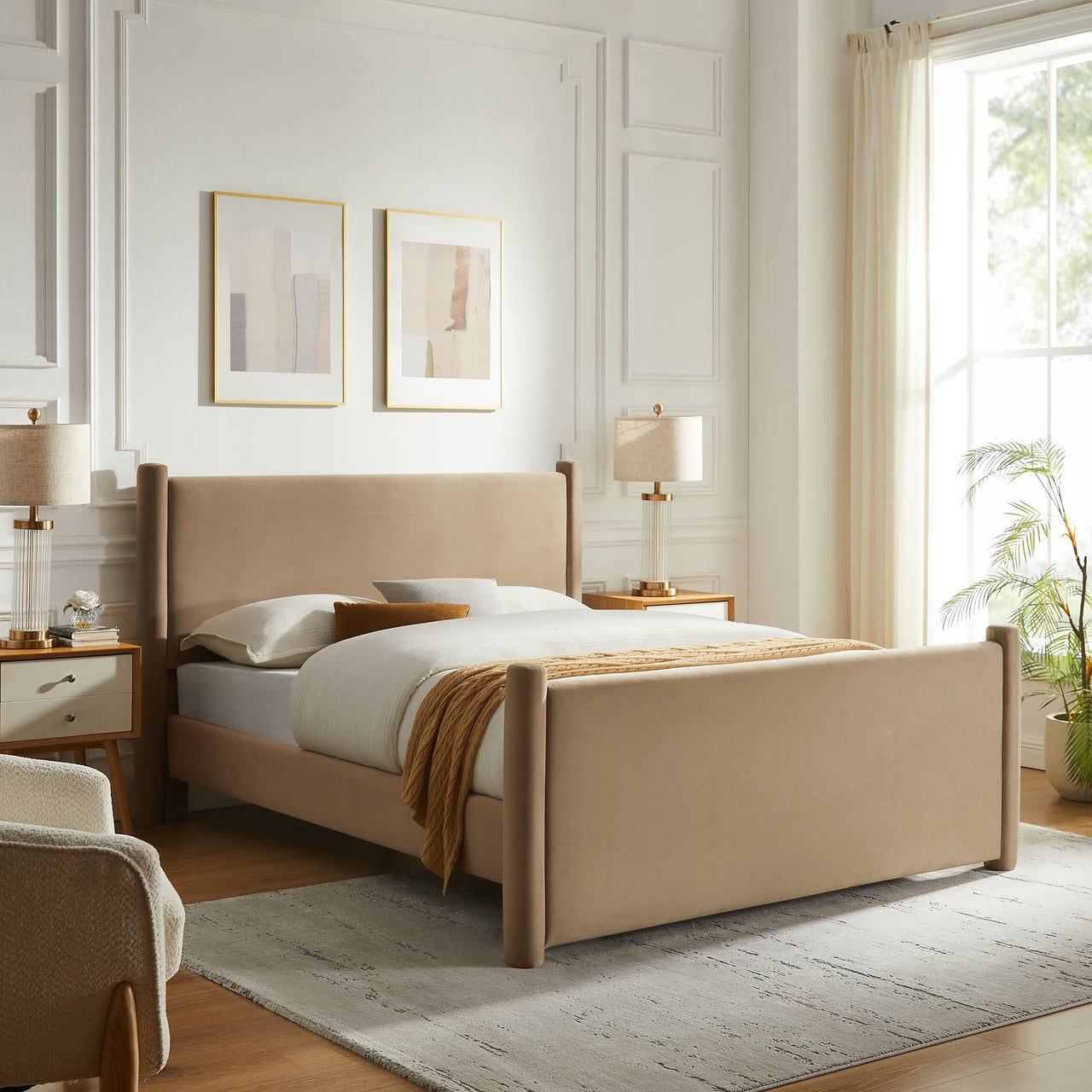 Rafael Upholstered Velvet Queen Platform Bed, Taupe