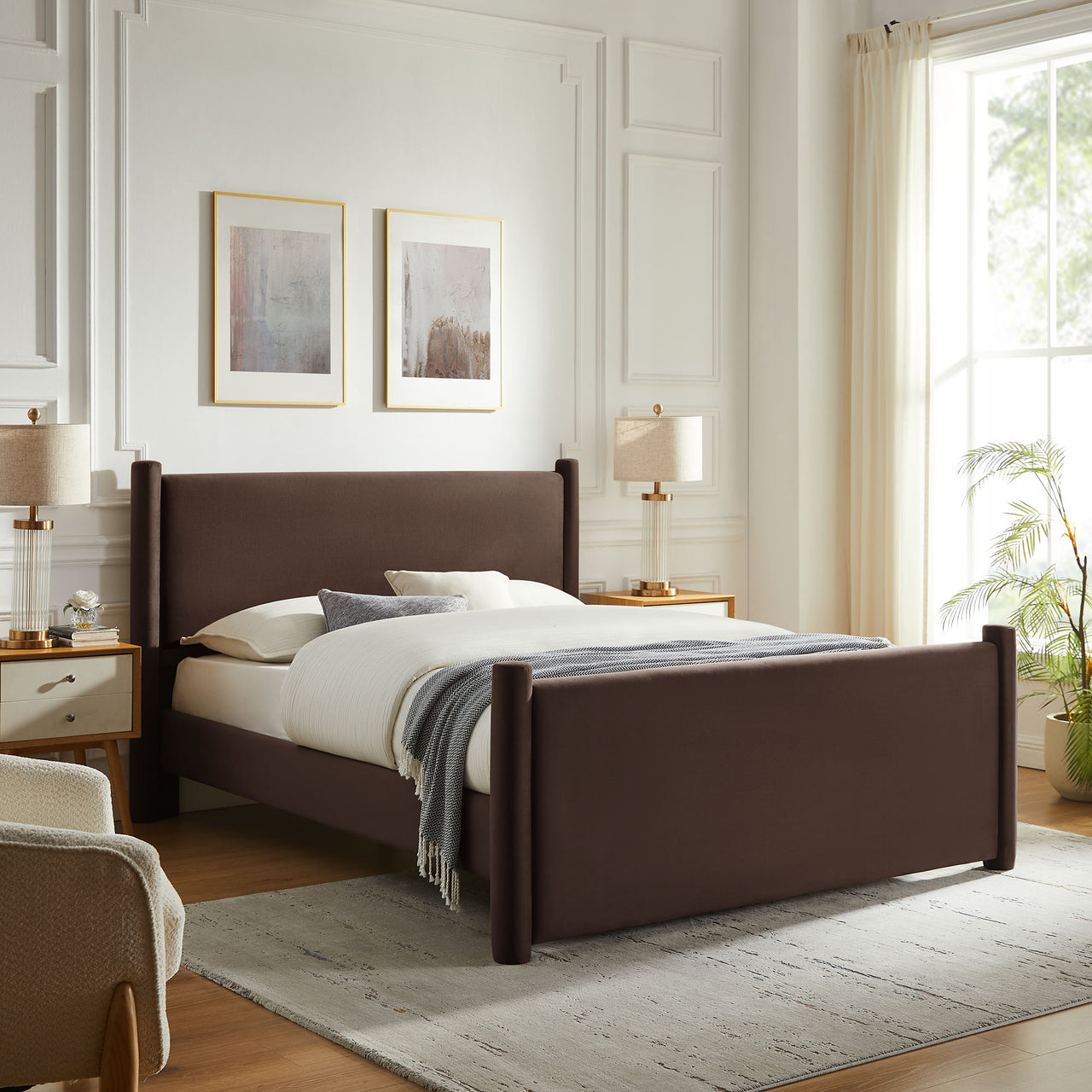 Rafael Upholstered Velvet King Platform Bed, Chocolate Brown