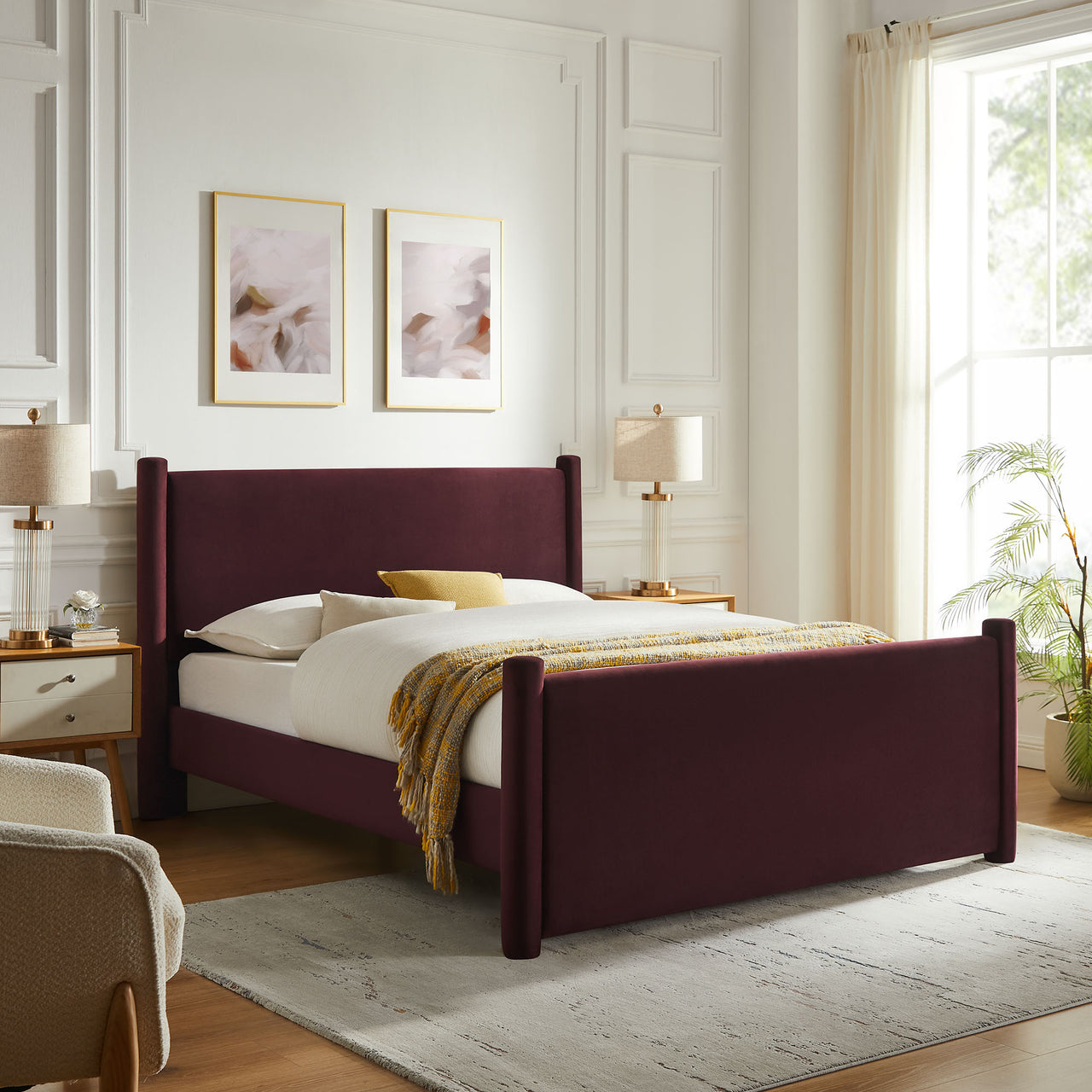 Rafael Upholstered Velvet King Platform Bed, Wine