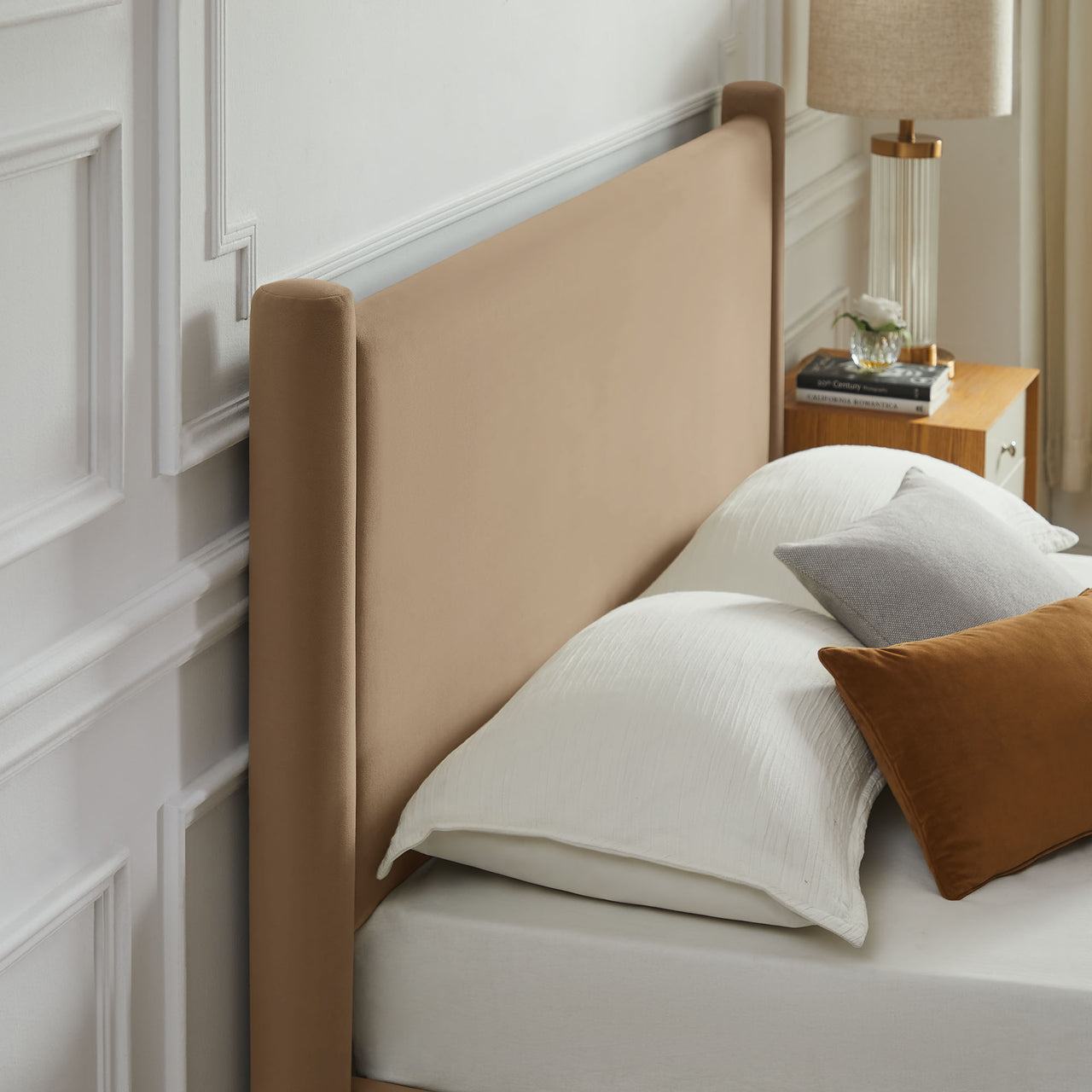 Rafael Upholstered Velvet King Platform Bed, Taupe